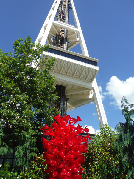 red  sculpture and the Seattle Space Needle